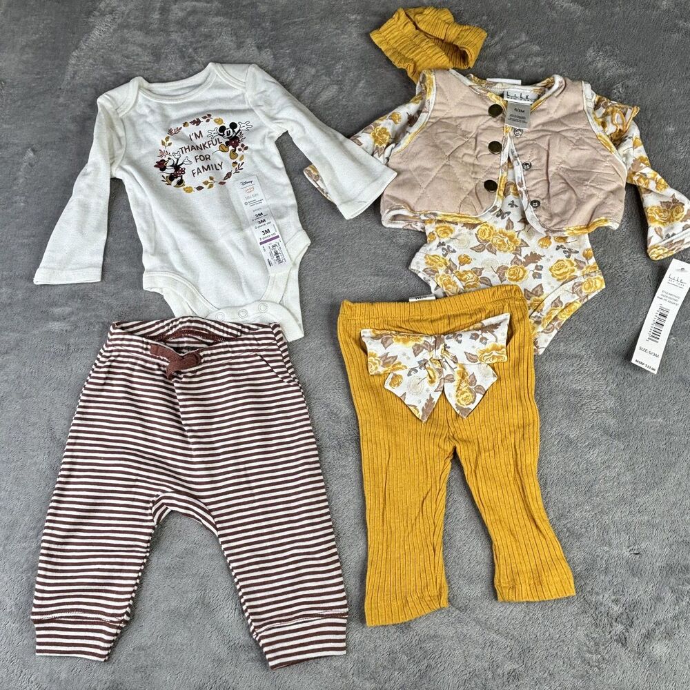 Nicole Miller Disney Baby‎ 0-3M Outfit Lot Set Mickey Fall Floral Pants Vest NWT